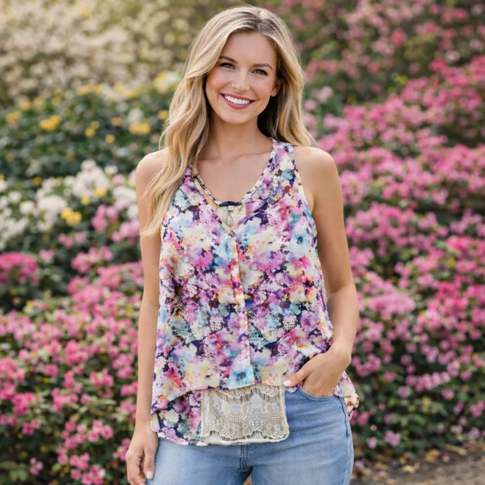 Vibrant Floral Sleeveless Blouse with Lace Accent XS